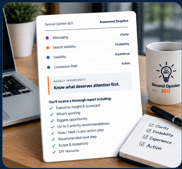 Second Opinion SEO assessment report displayed in a professional workspace