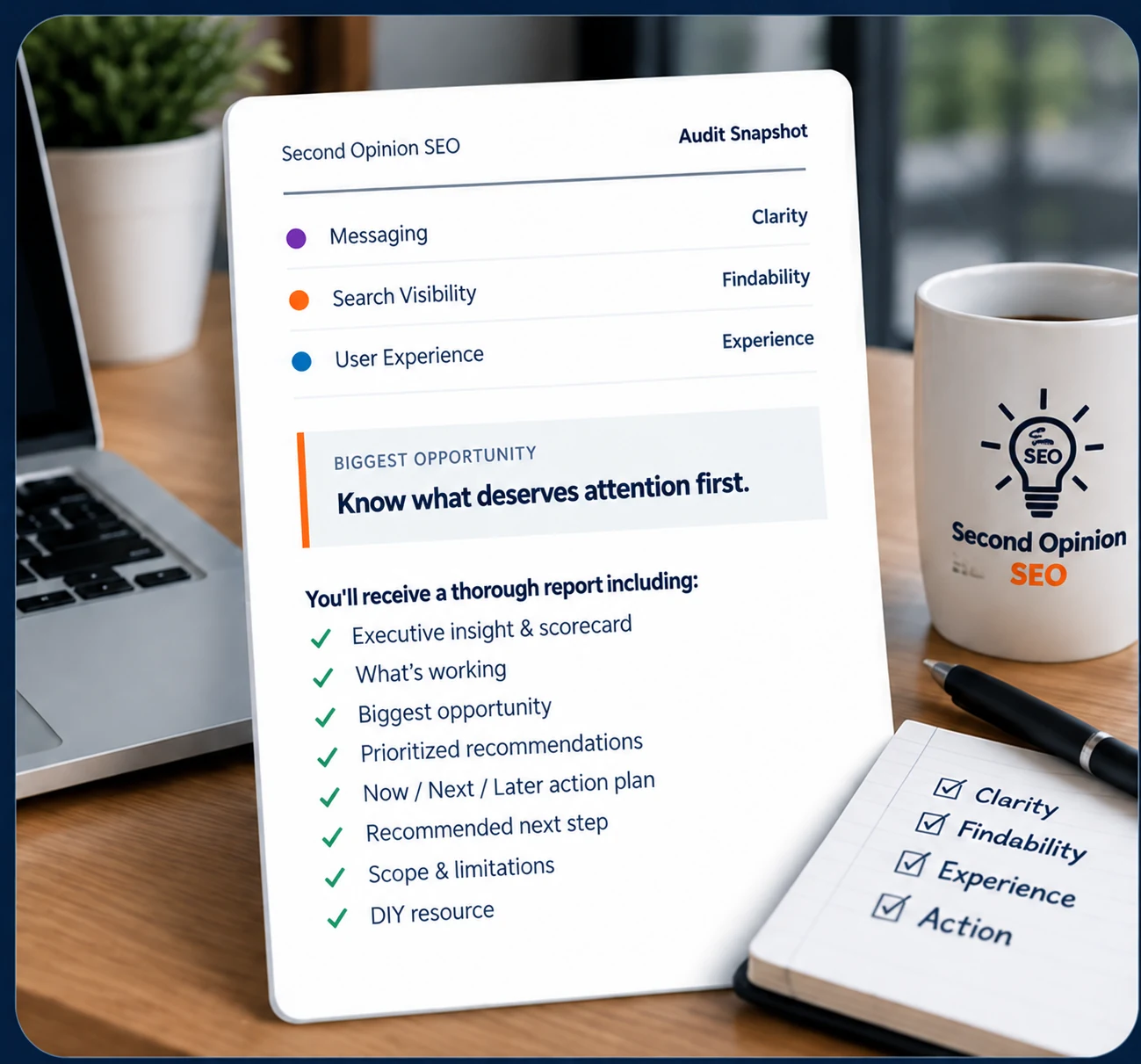 Illustrative Second Opinion SEO audit report covering messaging, search visibility and user experience.